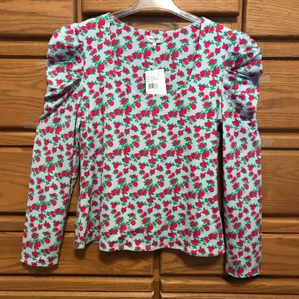 Pretty “Puff-Sleeved” Ladies Blouse with pink/red Roses & built in pleats, Large